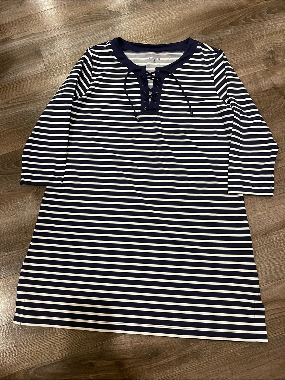 Lands’ End L 14-16 Navy White Stripe Lace Up Stretch Dres